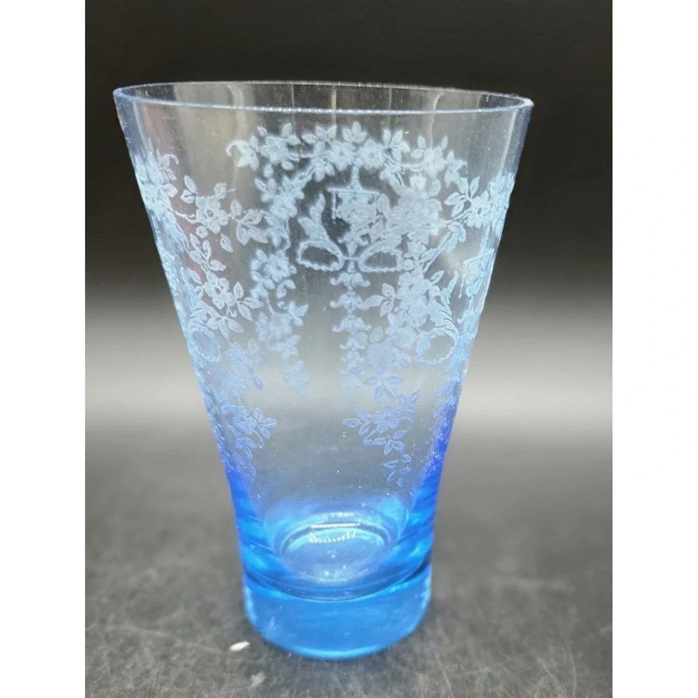 Vintage Fostoria Chintz Etched Blue Tumbler Elegant Glass 6